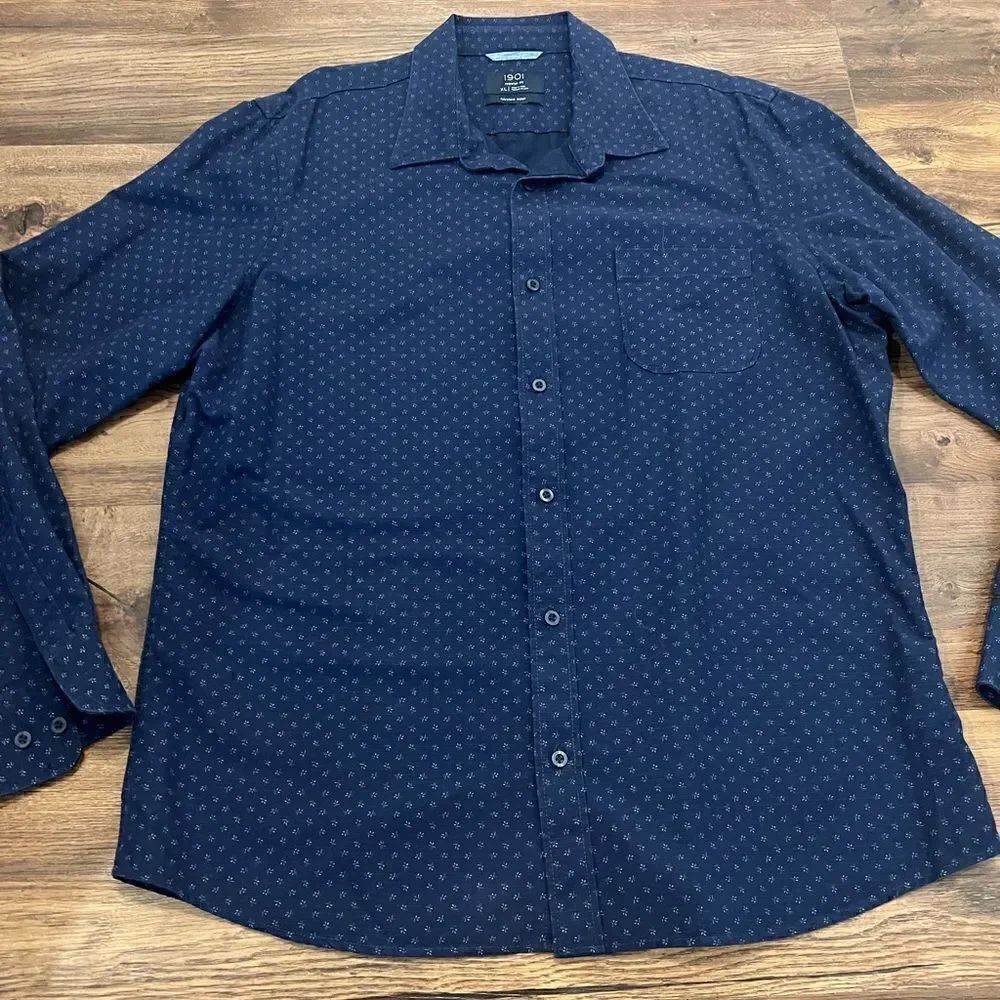 1901 Men’s Blue Fairview Wash Patterned Button Shirt - Picture 2 of 6